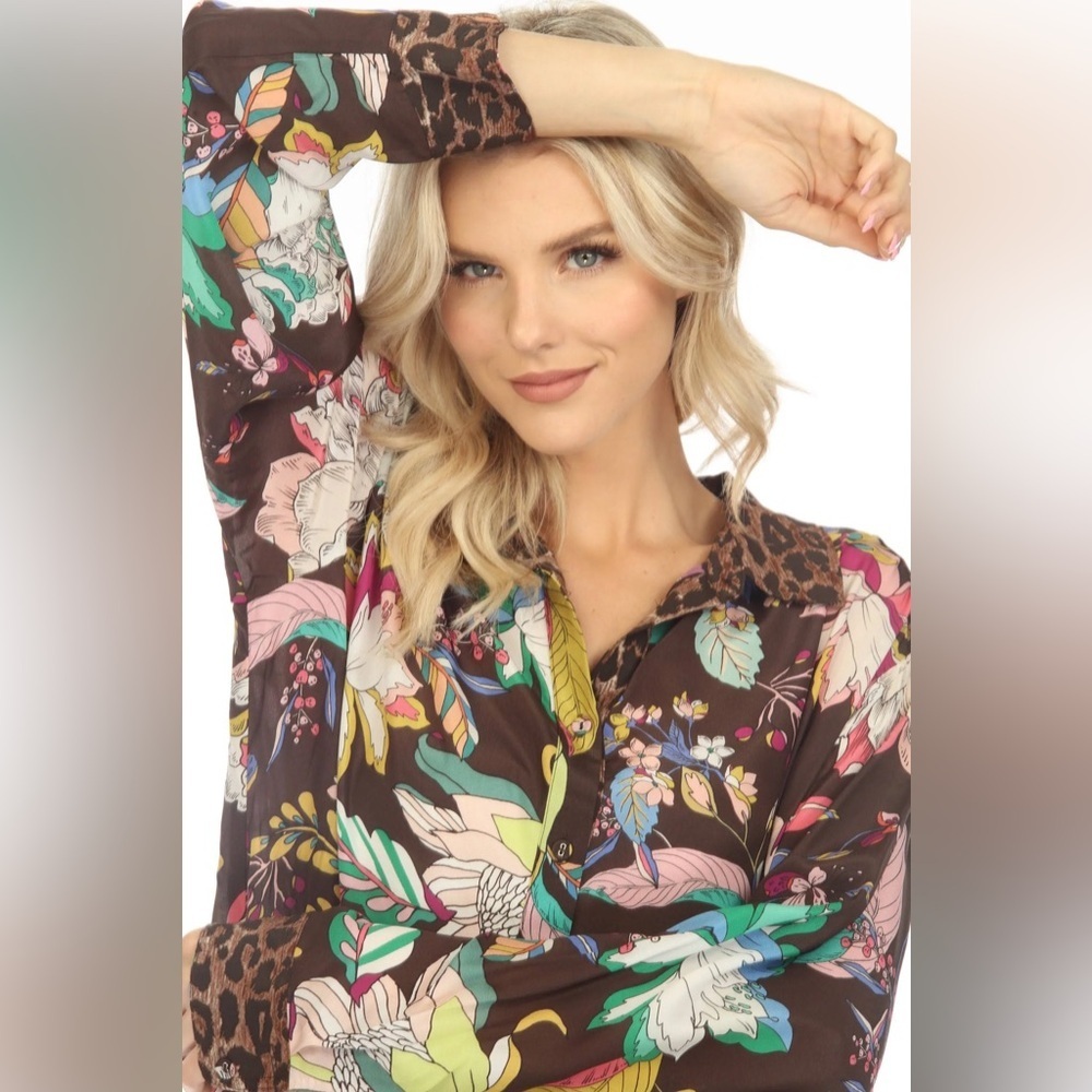New! Johnny Was Arabella Relaxed Overshirt Tunic Leopard Floral Silk Dress ๐ค S - Picture 3 of 16